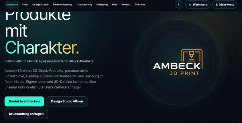 Hero-Vorschau der Live-Website ambeck3d.de (3D-Shop)